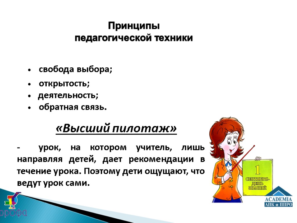 Принципы педагогической техники • свобода выбора; • открытость; • деятельность; • обратная связь. -